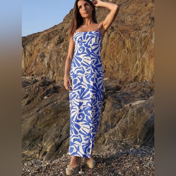 GOA Paris Blue and White Ikat Print  Maxi Dress Cotton Excellent Size M - Picture 6 of 10